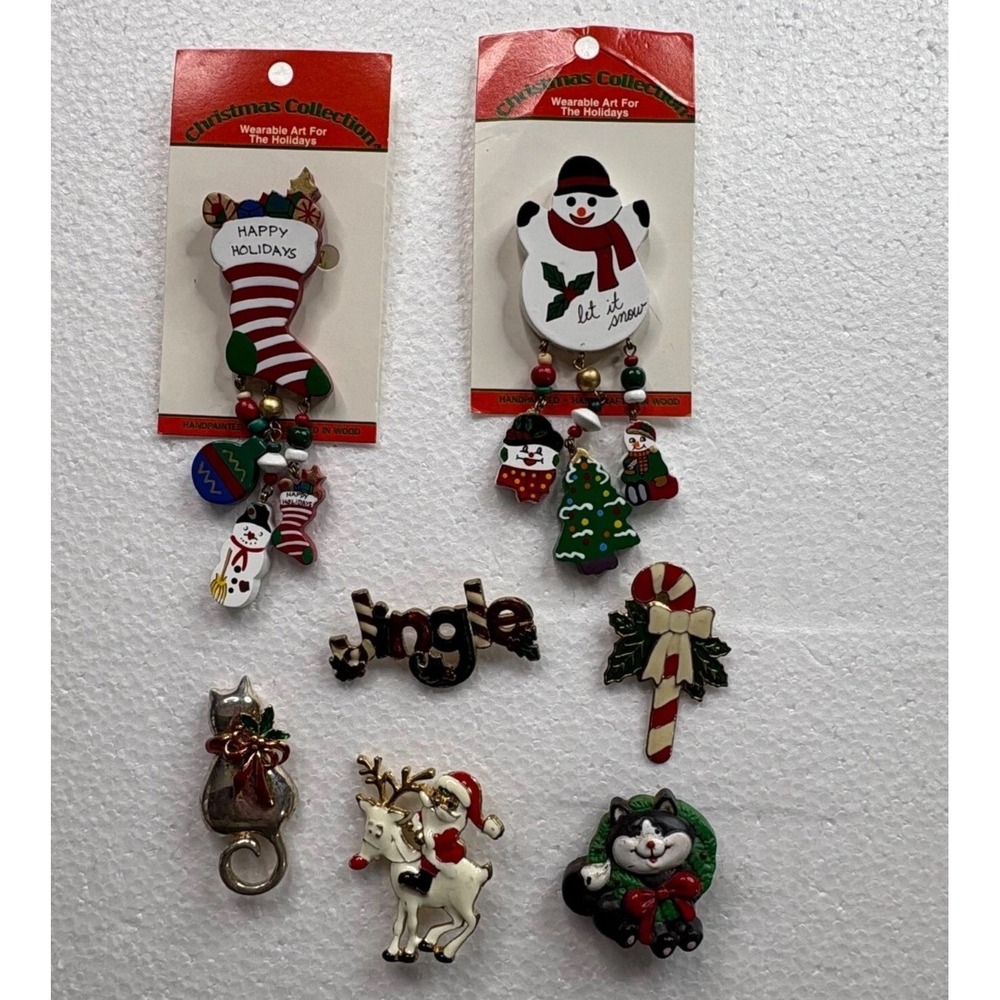 Vintage Christmas Brooch 7 Lot Holiday‎ Pins Cat Reindeer Snowman Candy Cane 90s